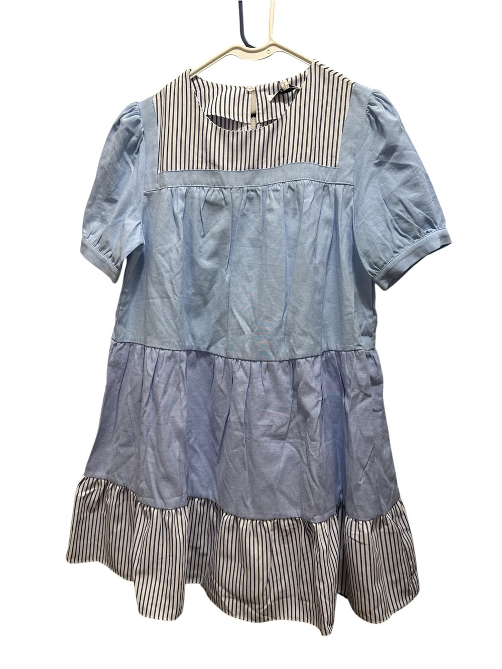 English Factory Light Blue Tiered Dress with Striped Yoke and Hem